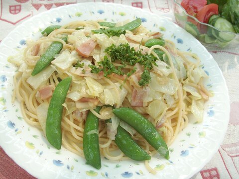 スナップエンドウたっぷりの和風パスタ